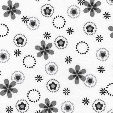Cozy Cotton Flannel - Daises & circles in grey & black on white background