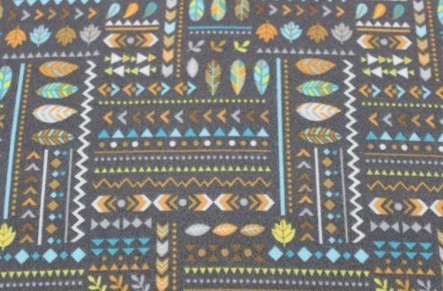 Teepee Time Flannel - Indian feathers & leaves on grey background