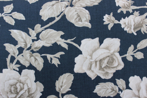 Regency Blues Cotton - Large cream roses on dark teale background