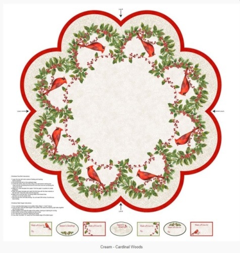 Cardinal Woods Panel - Tree Skirt or table topper. The circumference is 95cm. Panel comes with 7 Christmas tags. 