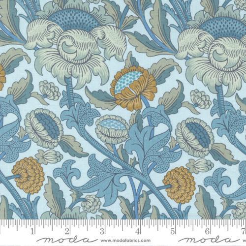 Morris Meadow Aquamarine -William Morris print large flowers with smaller gold flowers