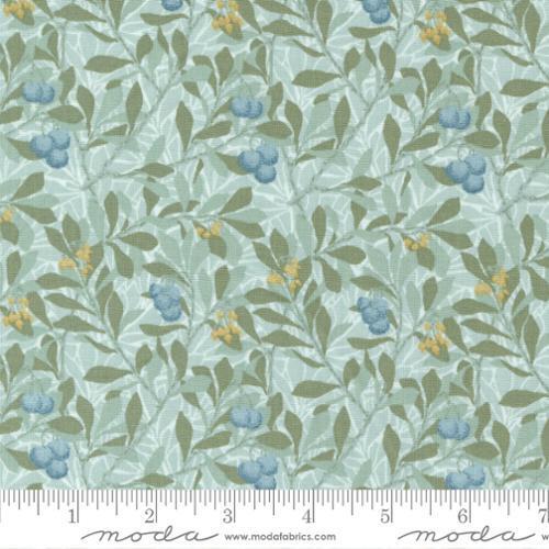 Morris Meadow Aquamarine - William Morris Grey/green leaves with blue berries and small gold flowers