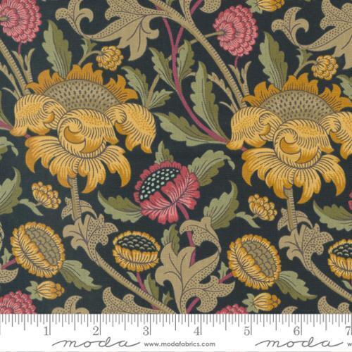 Morris Meadow Damask Black - William Morris large & smaller gold flowers, salmon flowers