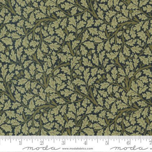 Morris Meadow Damask Black - William Morris black background with small green leaves