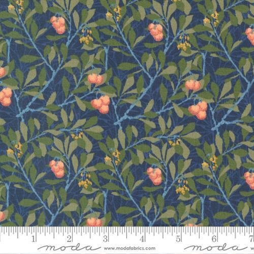 Morris Meadow Kelmscott Blue - William Morris blue background, green leaves salmon berries and blue stems 