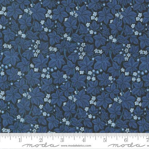 Morris Melody Kelmscott Blue - William Morris black background, blue leaves tiny white flowers