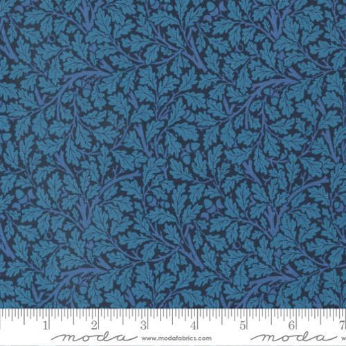 Morris Meadow Kelmscott Blue - William Morris black background with small blue leaves