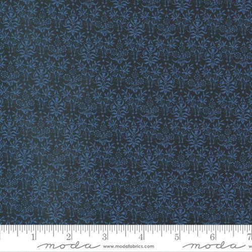Morris Meadow Kelmscott Blue - William Morris black background with tiny bunches of flowers and twigs