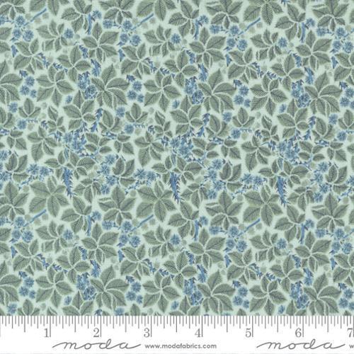 Morris Meadow Aquamarine - William Morris light green/grey background with green leaves and blue flowers
