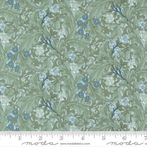 Morris Meadow Aquamarine - William Morris large blue/green leaves with little blue flowers