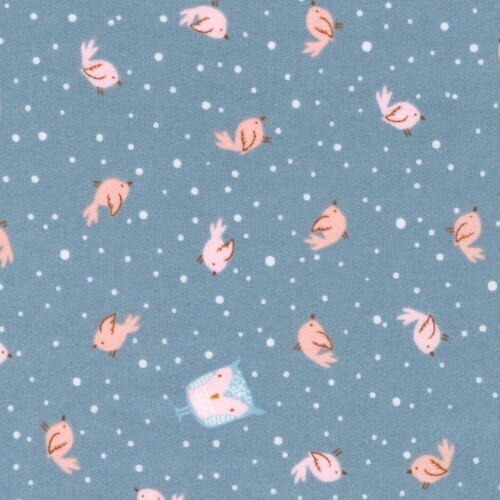 Winter Days Flannel - Little pink birds & owls on grey/blue background