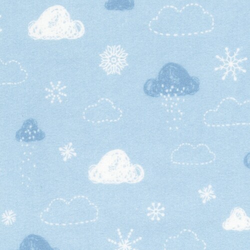 Winter Days Flannel - White clouds & snowflakes on soft blue background