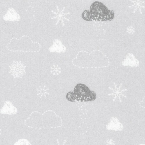 Winter Days Flannel - White clouds & snowflakes on soft grey background