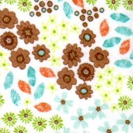 Flirty Birdies Flannel - brown, green, blue flowers & leaves on white background