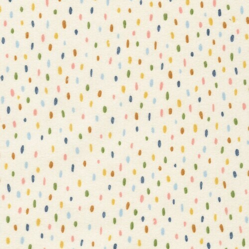 Over the Moon Cozy Cotton Flannel - salmon, aqua, tan and deep blue dashes on cream background