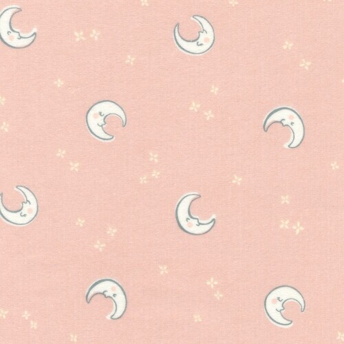 Over the Moon Cozy Cotton Flannel - white moons on salmon background