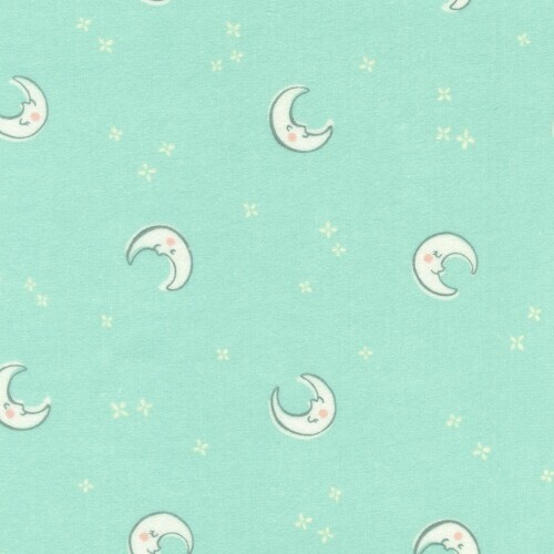 Over the Moon Cozy Cotton Flannel - white moons on mint green background
