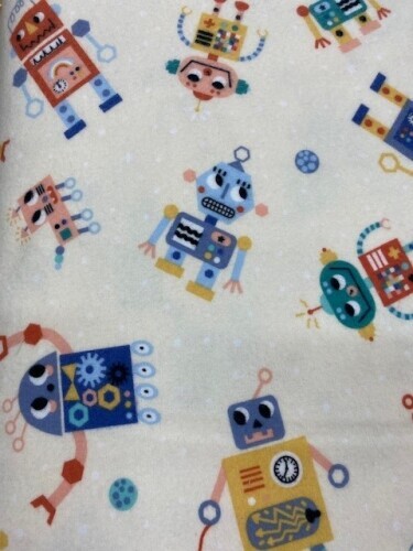 Astrobots Flannel  - Rust, blue, green and mustard wacky Robots on cream background