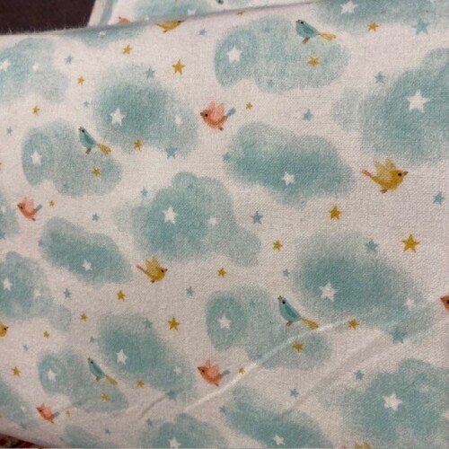 Tiny Tots Flannel - Aqua clouds with little birds on white background