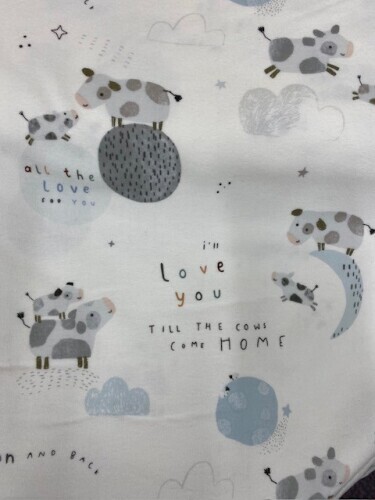 Till the Cows Come Home Flannel - Gorgeous little grey cows with blue moons, clouds  and special messages on white background