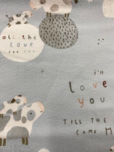 Till the Cows Come Home Flannel - Gorgeous little white cows with moons, clouds  and special messages on blue background