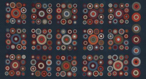 Primitive Gatherings Flannel - Panel of stitched circles in various sizes on blue background