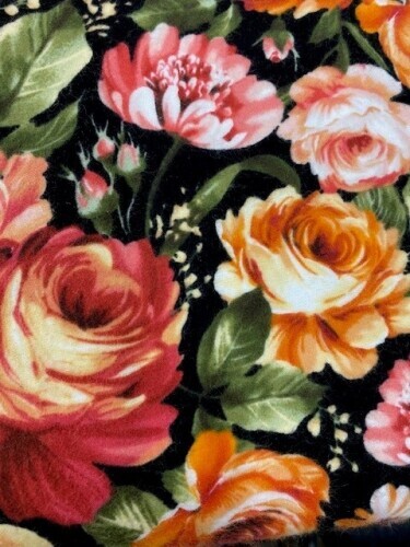 Harvest Rose Flannel - Large Roses in pink, orange& apricot on black background