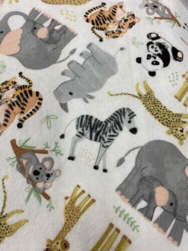 Tiny Tots Sweet Jungle Flannel - Elephants, giraffes, tigers, panda's etc on off white background.
