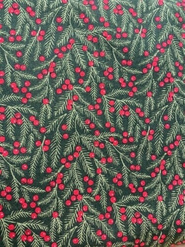 Berry & Pine - Green sprigs with red berries on green background