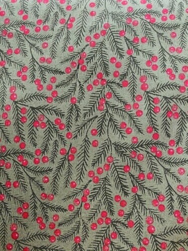 Berry & Pine - Green sprigs with red berries on olive green background