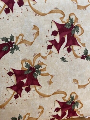 A Vintage Christmas - Red bells tied with gold ribbon on cream background