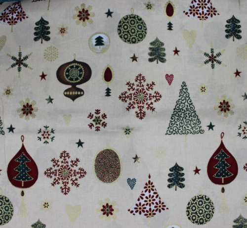 Magical Moments - Beige background with all over Christmas designs in gold, green, red cotton
