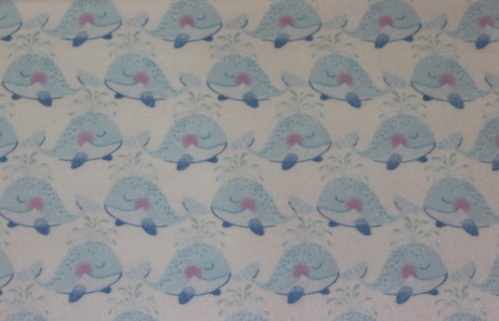 Itty Bitty Whale Parade Flannel- Rows of blue whales on white background 