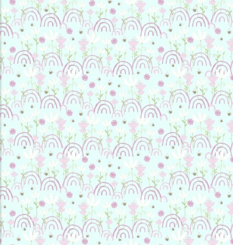 Itty Bitty Flannel - Pink rainbows and bees on soft aqua background