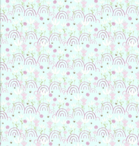 Itty Bitty Flannel - Pink rainbows and bees on soft aqua background