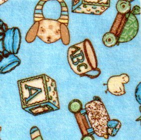 Sugar Rolls Flannel - Bibs, blocks, coathangers & pins on blue background