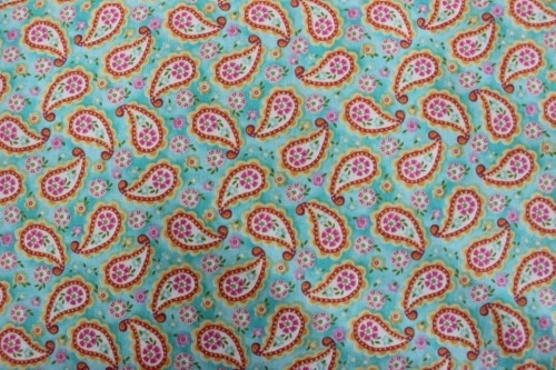Paisley cotton - Red, pink & yellow paisley on aqua background