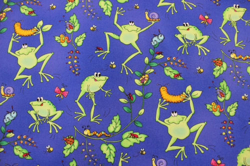 Spring Fling Cotton - Happy hopping frogs and caterpillars on bright blue background