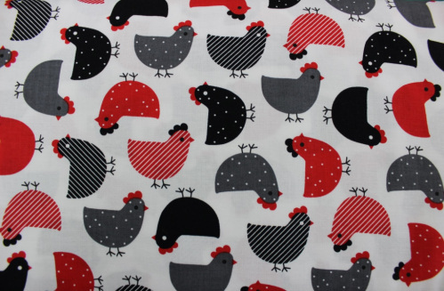 Urban Zoologie Minis Cotton - all over red, black & grey chicken design on white background