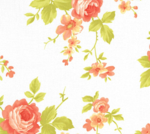 Chantilly Cotton - Large orange & apricot roses on white background