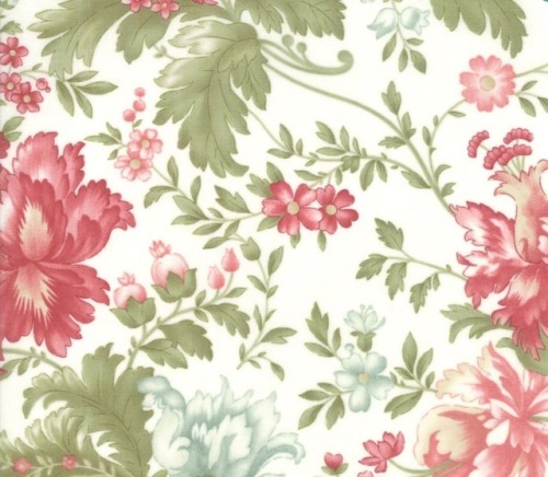 Rue 1800 Cotton - Large pink and duck egg blue blooms on white background