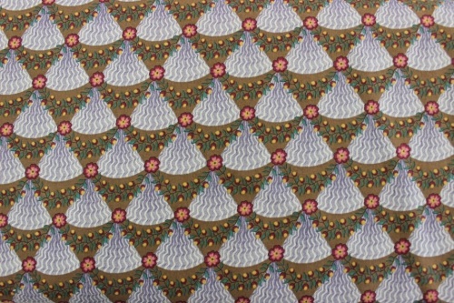 Dargate Lavender & Mint Cotton - Purple & beige striped triangles with vine swags on mustard background