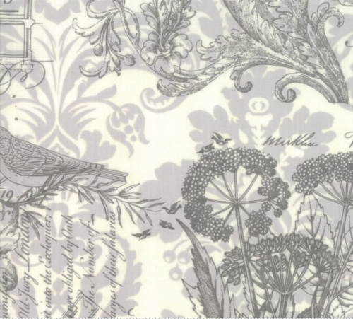 Memoirs Cotton - Brown print of words, music notes, flowers & birds on cream & grey background