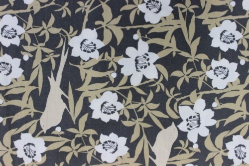 Neutral Elegance Cotton - Cream flowers, beige birds on grey background