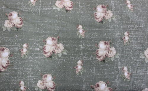 Time Travellers Cotton - Bunches of pink roses on olive green background