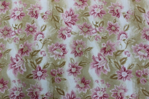 Wellesley Collection Cotton - Rows of pink flowers on light brown & white background