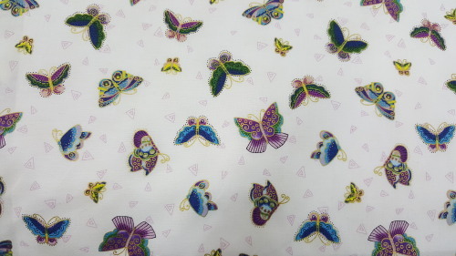 Feline Frolic Cotton - Bright butterflies on white background