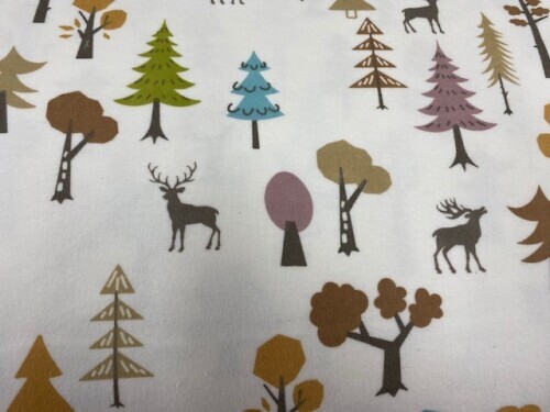 Cozy Ourtdoors Flannel - Multi-coloured trees and deer on cream background