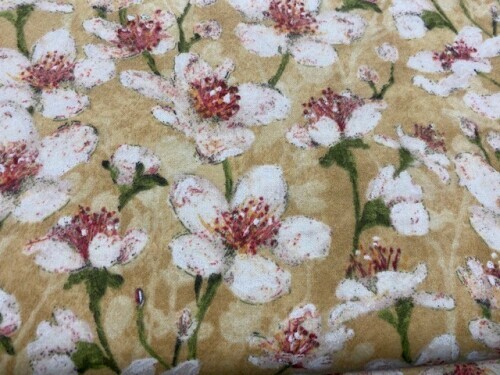 Velvet Blossoms Flannel - Large cream flowers on beige background 