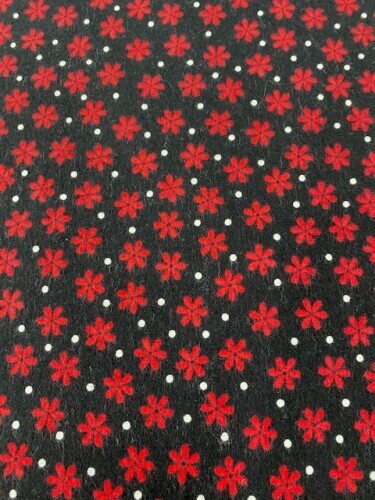 Cozy Cotton Flannel - Small red daisies and white dots on black background